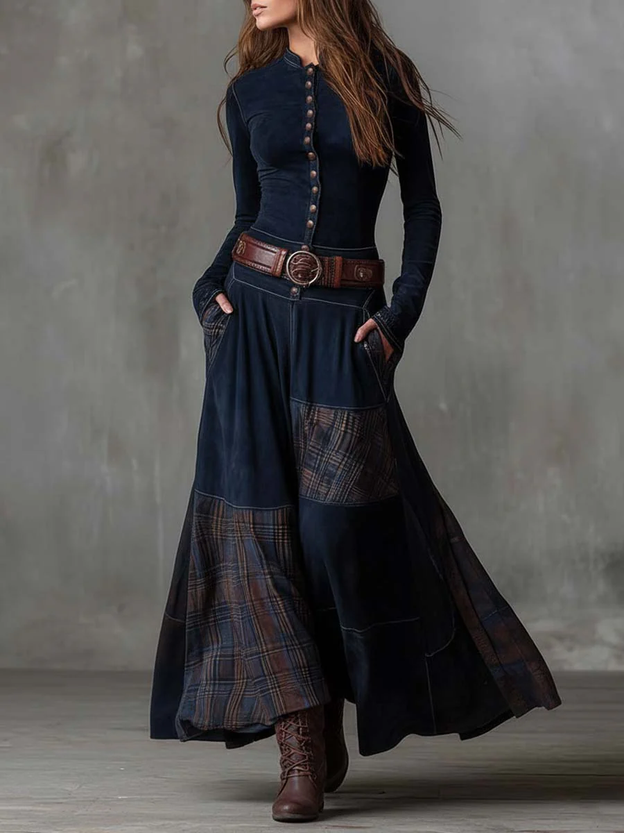 Helena Ivy | Vinternatt Navy Suede Maxi Klänning med Bälte